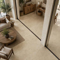 Ivory Beige Travertine Tile 18x36 Brushed Chiseled — Living Room floor