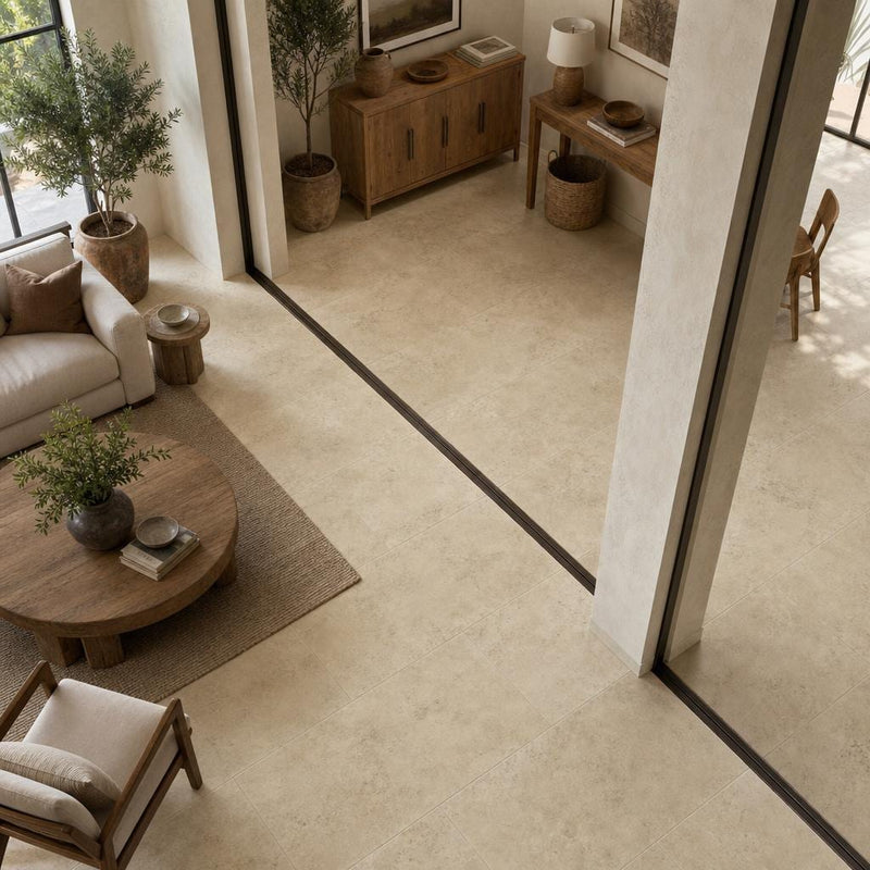 Ivory Beige Travertine Tile 18x36 Brushed Chiseled — Living Room floor