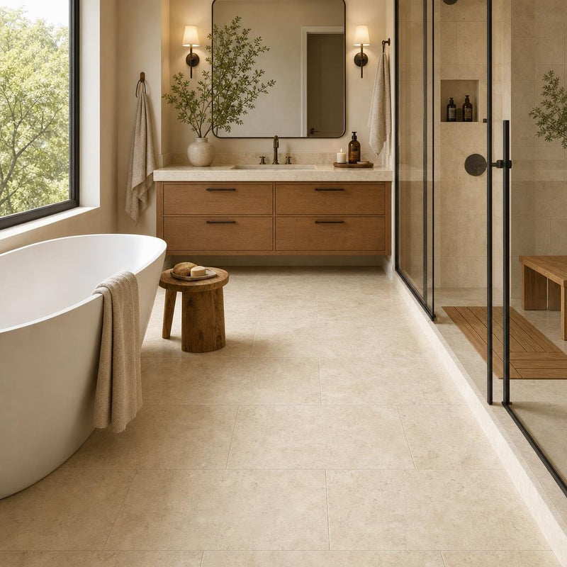 Ivory Beige Travertine Tile 18x36 Brushed Chiseled — Primary Bath floor
