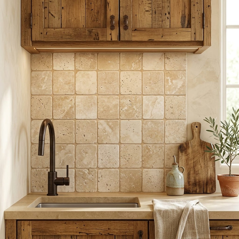 Ivory Beige Travertine Tile 6x6 Tumbled — Kitchen backsplash