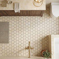 Ivory Cordoba Cream Travertine Filled & Honed 2 x 2 Hexagon Mosaic — Bathroom floor