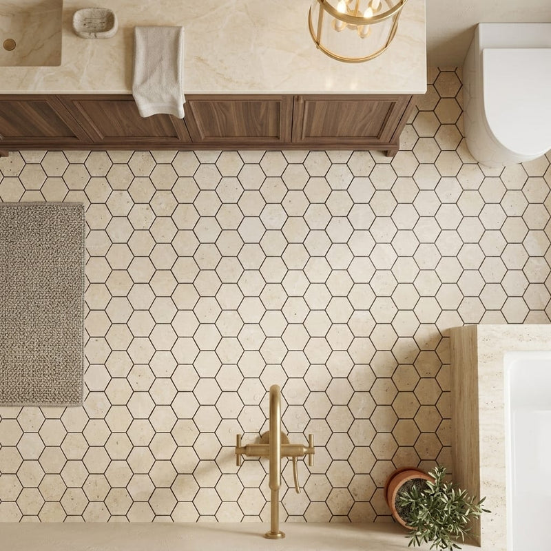 Ivory Cordoba Cream Travertine Filled & Honed 2 x 2 Hexagon Mosaic — Bathroom floor