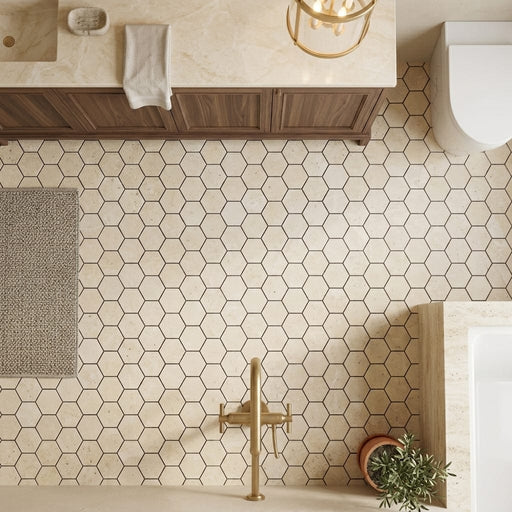 Ivory Cordoba Cream Travertine Filled & Honed 2 x 2 Hexagon Mosaic — Bathroom floor