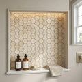 Ivory Cordoba Cream Travertine Filled & Honed 2 x 2 Hexagon Mosaic — Bathroom niche