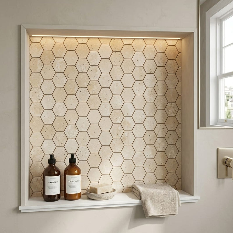 Ivory Cordoba Cream Travertine Filled & Honed 2 x 2 Hexagon Mosaic — Bathroom niche