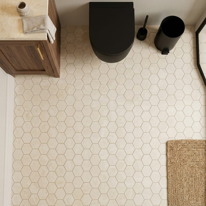 Ivory Cordoba Cream Travertine Filled & Honed 2 x 2 Hexagon Mosaic — Powder Room floor