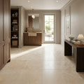 Ivory Cordoba Cream Travertine Filled, Honed & Straight Edge 12 x 12 x 3/8 Cross Cut Tile 12x12 — Basement floor