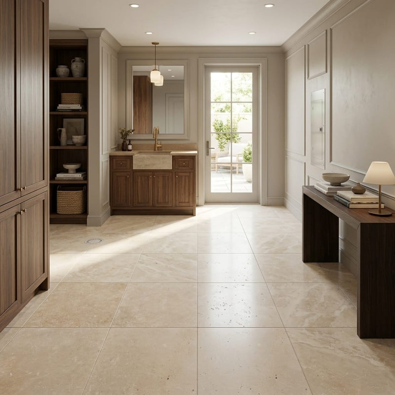 Ivory Cordoba Cream Travertine Filled, Honed & Straight Edge 12 x 12 x 3/8 Cross Cut Tile 12x12 — Basement floor