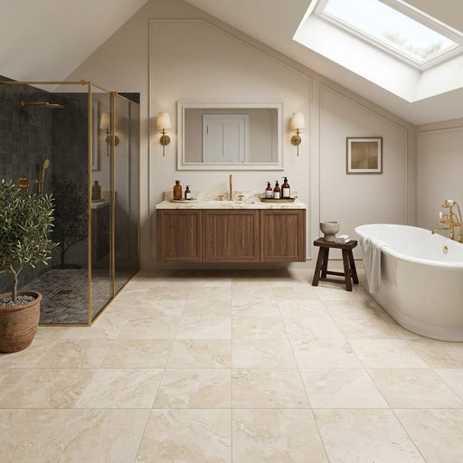 Ivory Cordoba Cream Travertine Filled, Honed & Straight Edge 12 x 12 x 3/8 Cross Cut Tile 12x12 — Bathroom floor