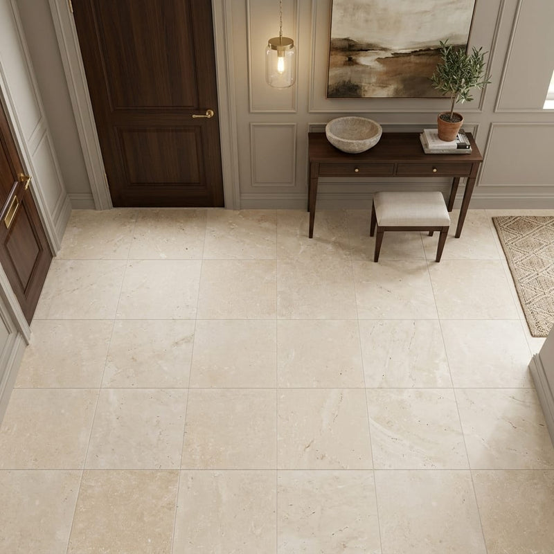 Ivory Cordoba Cream Travertine Filled, Honed & Straight Edge 12 x 12 x 3/8 Cross Cut Tile 12x12 — Foyer floor