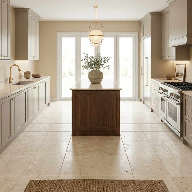 Ivory Cordoba Cream Travertine Filled, Honed & Straight Edge 12 x 12 x 3/8 Cross Cut Tile 12x12 — Kitchen floor