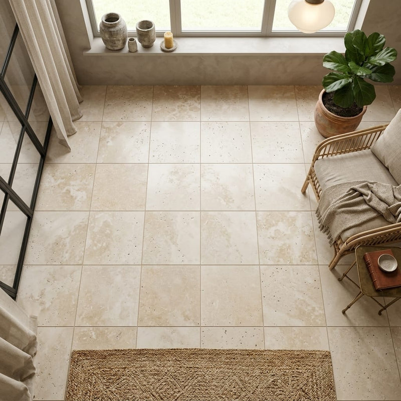 Ivory Cordoba Cream Travertine Filled, Honed & Straight Edge 12 x 12 x 3/8 Cross Cut Tile 12x12 — Sunroom floor