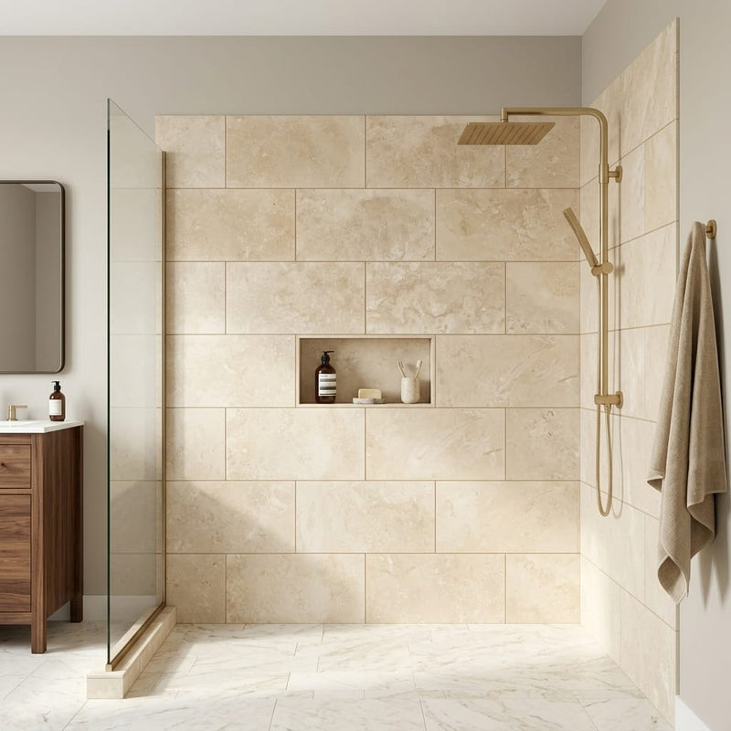 Ivory Cordoba Cream Travertine Filled, Honed & Straight Edge 12 x 24 x 1/2 Cross Cut Tile 12x24 — Bathroom shower wall