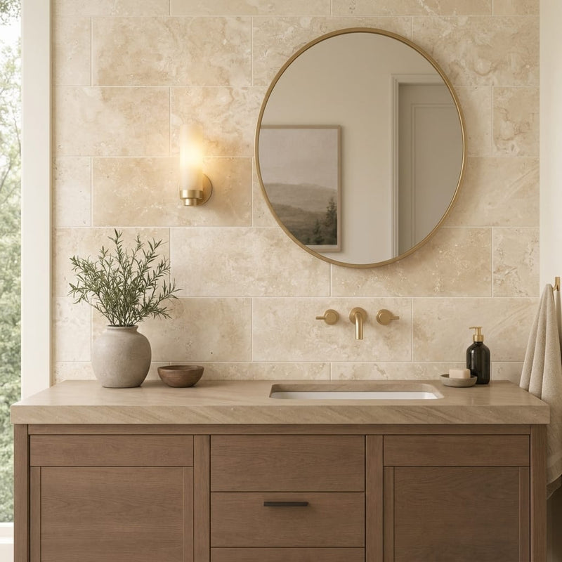 Ivory Cordoba Cream Travertine Filled, Honed & Straight Edge 12 x 24 x 1/2 Cross Cut Tile 12x24 — Bathroom vanity wall