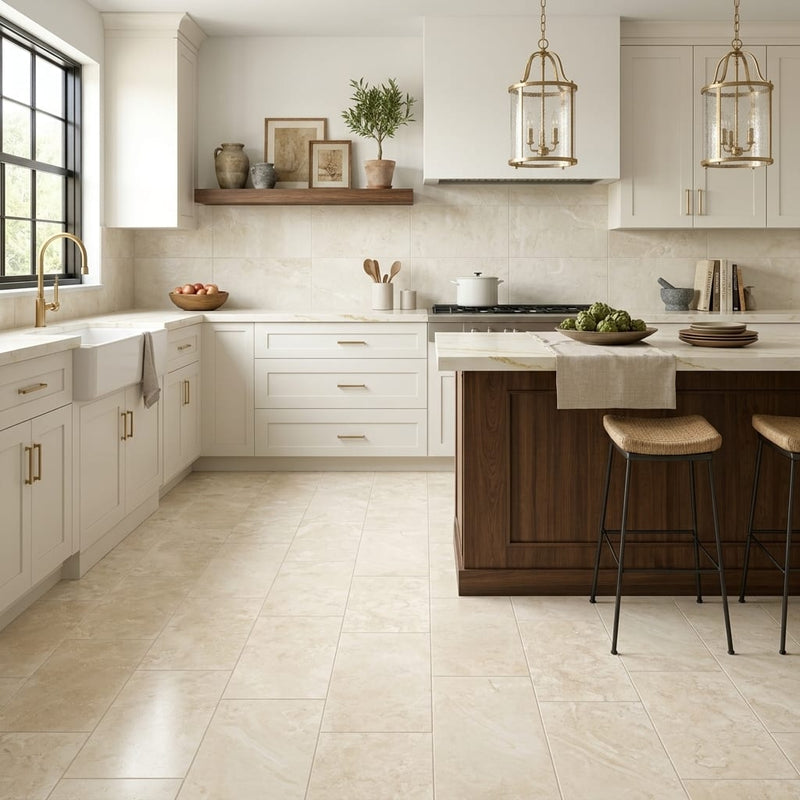 Ivory Cordoba Cream Travertine Filled, Honed & Straight Edge 12 x 24 x 1/2 Cross Cut Tile 12x24 — Kitchen floor