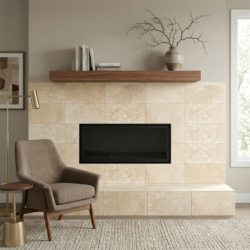 Ivory Cordoba Cream Travertine Filled, Honed & Straight Edge 12 x 24 x 1/2 Cross Cut Tile 12x24 — Living Room fireplace surround