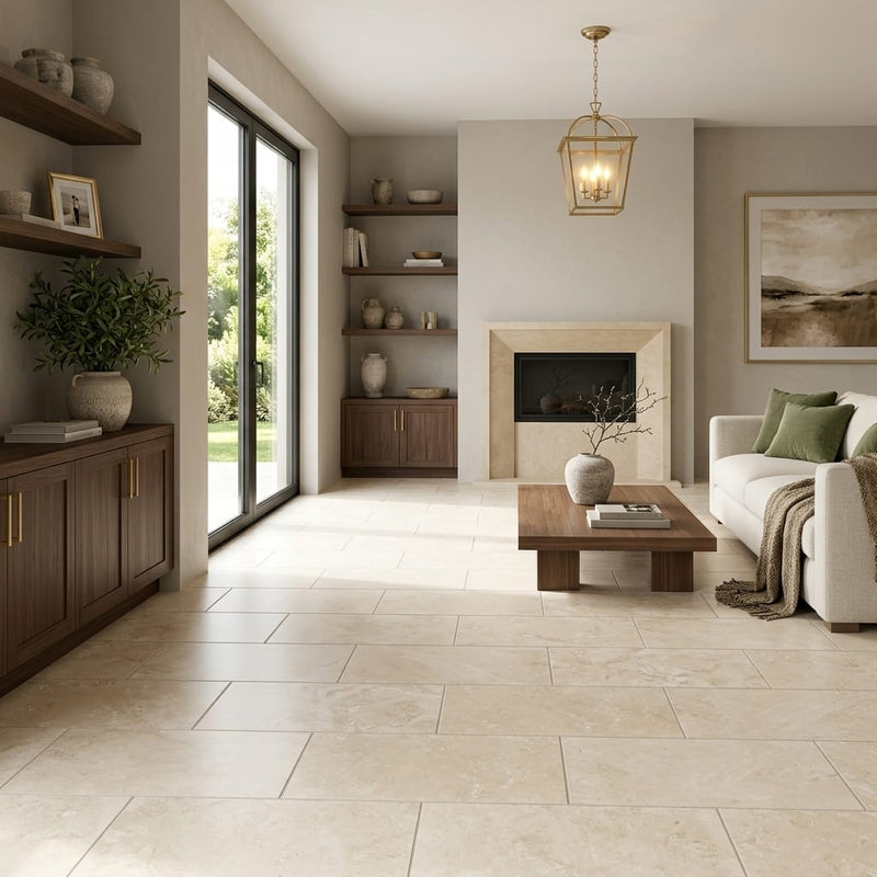 Ivory Cordoba Cream Travertine Filled, Honed & Straight Edge 12 x 24 x 1/2 Cross Cut Tile 12x24 — Living Room floor