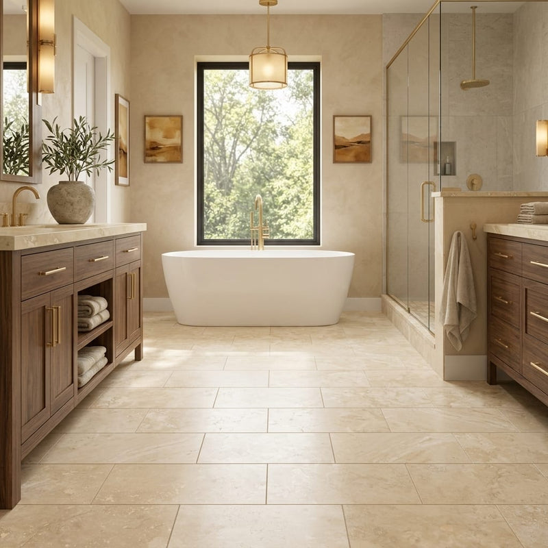 Ivory Cordoba Cream Travertine Filled, Honed & Straight Edge 12 x 24 x 1/2 Cross Cut Tile 12x24 — Primary Bath floor