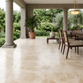 Ivory Cordoba Cream Travertine Filled, Honed & Straight Edge 18 x 18 x 1/2 Cross Cut Tile 18x18 — Covered Patio floor