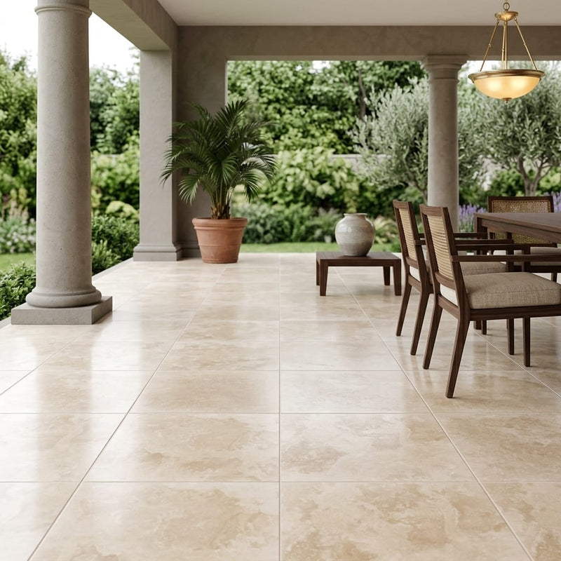 Ivory Cordoba Cream Travertine Filled, Honed & Straight Edge 18 x 18 x 1/2 Cross Cut Tile 18x18 — Covered Patio floor