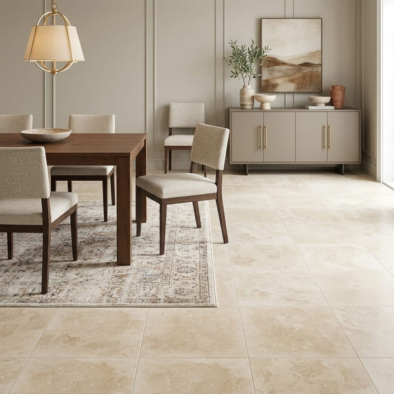Ivory Cordoba Cream Travertine Filled, Honed & Straight Edge 18 x 18 x 1/2 Cross Cut Tile 18x18 — Dining Room floor