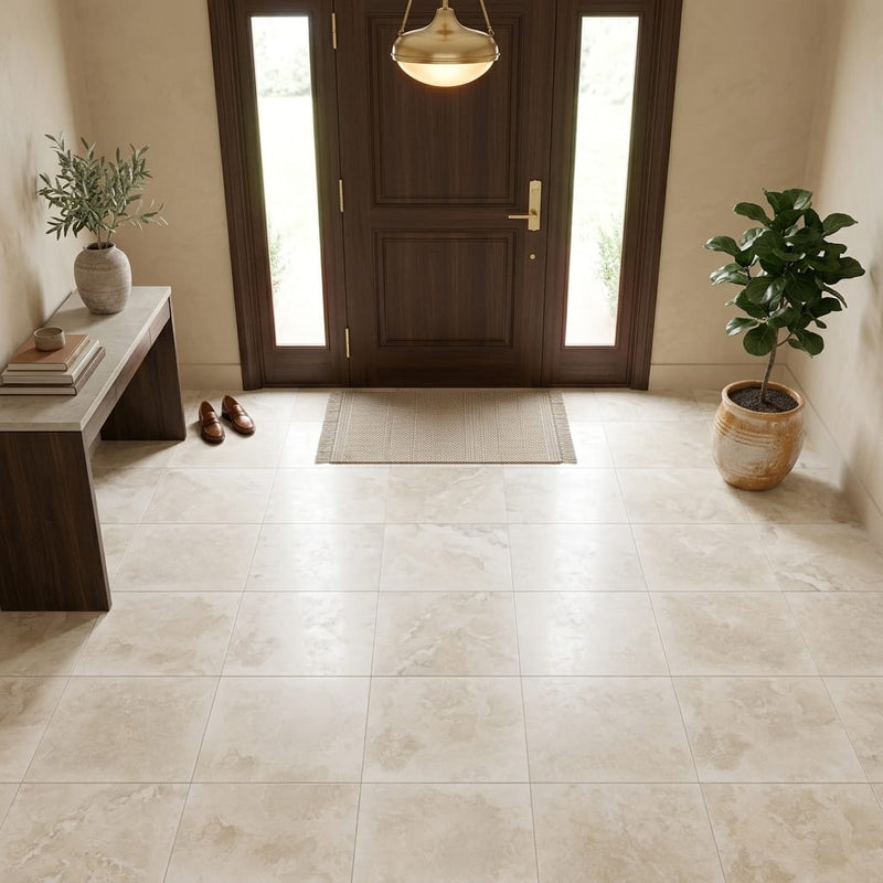 Ivory Cordoba Cream Travertine Filled, Honed & Straight Edge 18 x 18 x 1/2 Cross Cut Tile 18x18 — Foyer floor