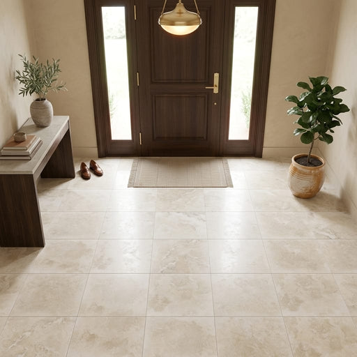 Ivory Cordoba Cream Travertine Filled, Honed & Straight Edge 18 x 18 x 1/2 Cross Cut Tile 18x18 — Foyer floor