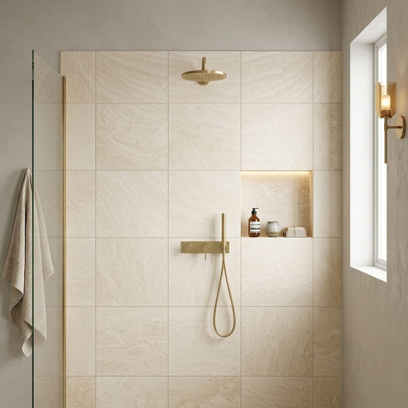 Ivory Cordoba Cream Travertine Filled, Honed & Straight Edge 24 x 24 x 1/2 Cross Cut Tile 24x24 — Bathroom shower wall