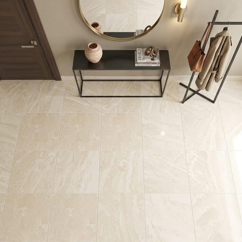 Ivory Cordoba Cream Travertine Filled, Honed & Straight Edge 24 x 24 x 1/2 Cross Cut Tile 24x24 — Foyer floor
