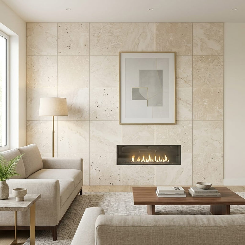 Ivory Cordoba Cream Travertine Filled, Honed & Straight Edge 24 x 24 x 1/2 Cross Cut Tile 24x24 — Living Room feature wall