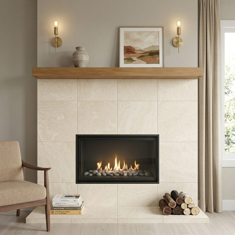 Ivory Cordoba Cream Travertine Filled, Honed & Straight Edge 24 x 24 x 1/2 Cross Cut Tile 24x24 — Living Room fireplace surround