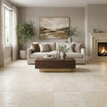 Ivory Cordoba Cream Travertine Filled, Honed & Straight Edge 24 x 24 x 1/2 Cross Cut Tile 24x24 — Living Room floor