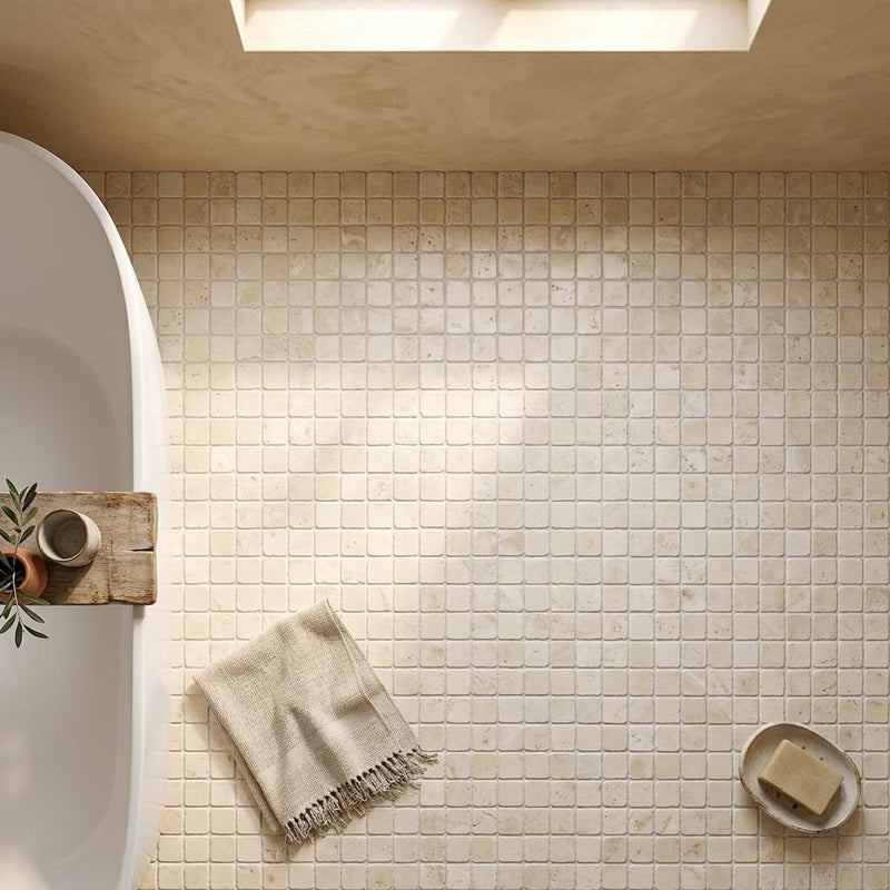 Ivory Cordoba Cream Travertine Tumbled 1 x 1 Mosaic 1x1 — Bathroom floor