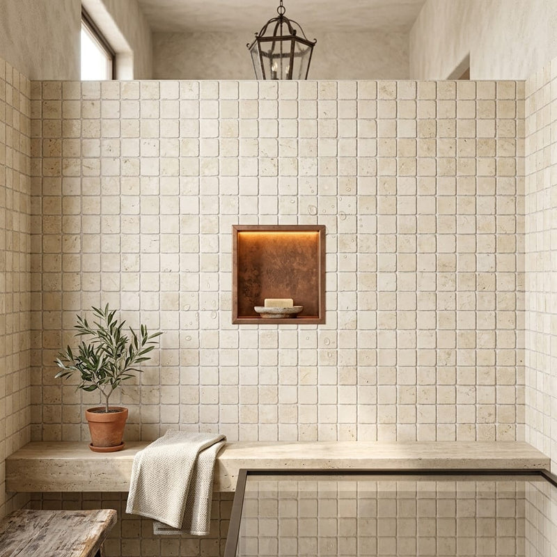 Ivory Cordoba Cream Travertine Tumbled 1 x 1 Mosaic 1x1 — Bathroom shower floor