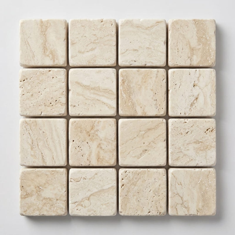 Ivory Cordoba Cream Travertine Tumbled 1 x 1 Mosaic 1x1 close-up