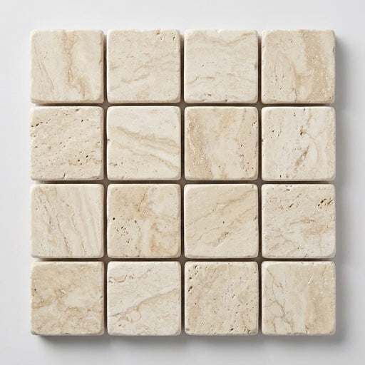 Ivory Cordoba Cream Travertine Tumbled 1 x 1 Mosaic 1x1 close-up