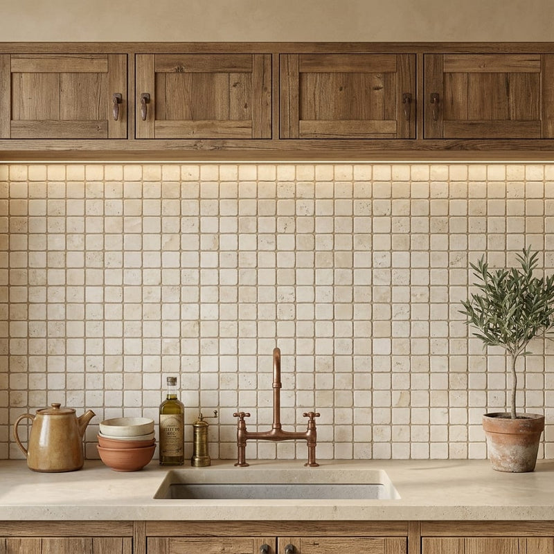 Ivory Cordoba Cream Travertine Tumbled 1 x 1 Mosaic 1x1 — Kitchen backsplash