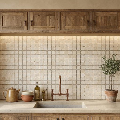 Ivory Cordoba Cream Travertine Tumbled 1 x 1 Mosaic 1x1 — Kitchen backsplash