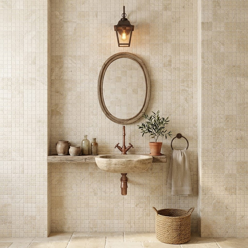 Ivory Cordoba Cream Travertine Tumbled 1 x 1 Mosaic 1x1 — Powder Room wall