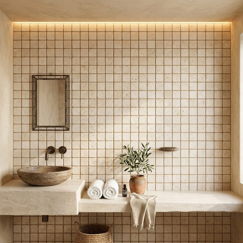 Ivory Cordoba Cream Travertine Tumbled 1 x 1 Mosaic 1x1 — Spa spa interior