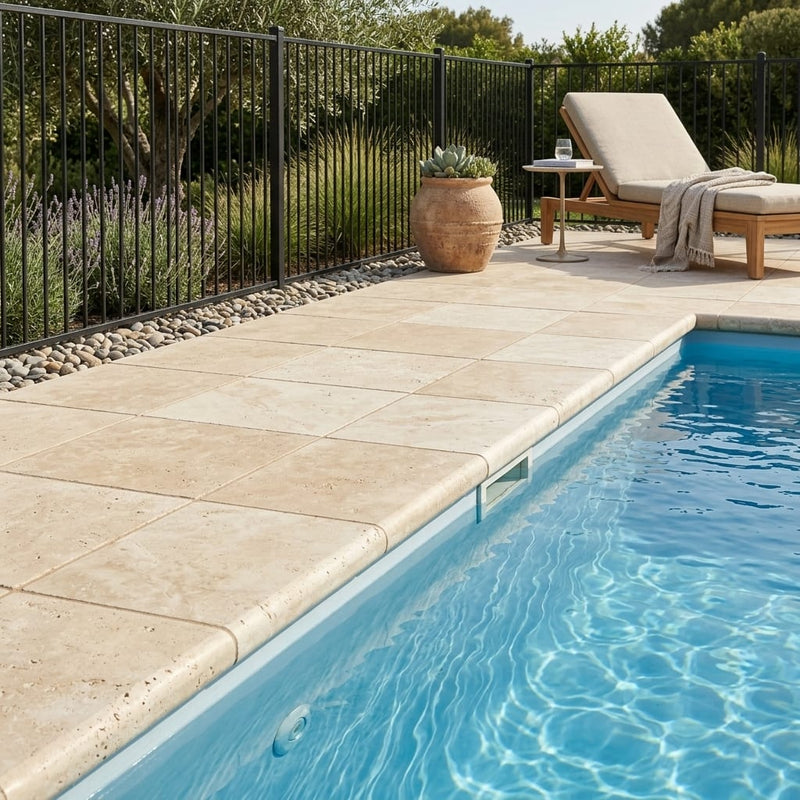 Ivory Cordoba Cream Travertine Tumbled 12 x 12 x 1.25 Bullnose Coping 12x12 pool coping — Swimming Pool pool edge drop-face coping