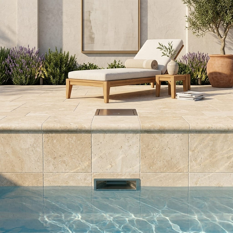 Ivory Cordoba Cream Travertine Tumbled 12 x 12 x 1.25 Bullnose Coping 12x12 pool coping — Swimming Pool remodel pool edge