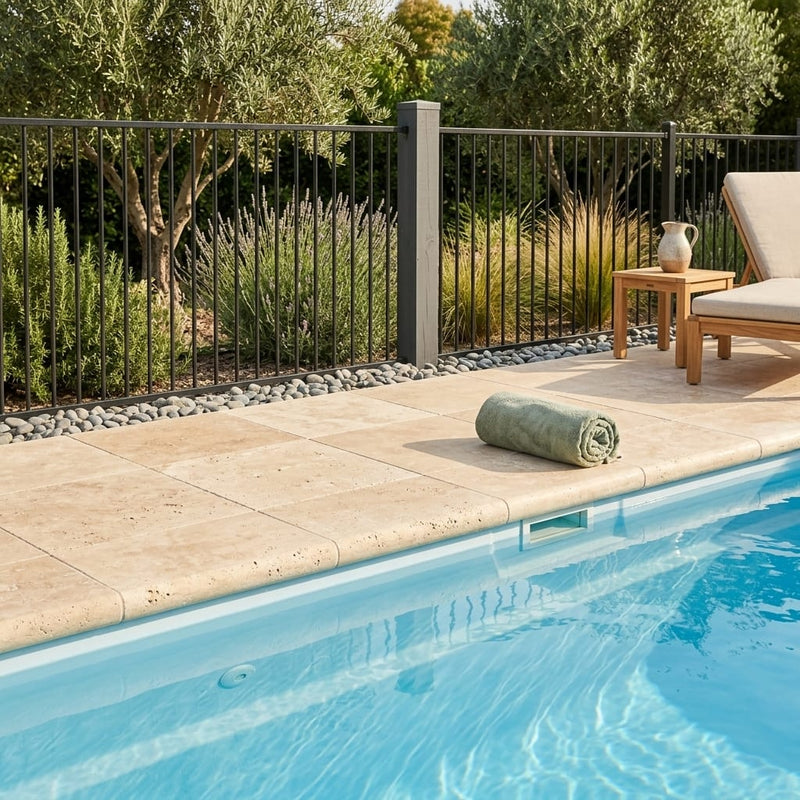 Ivory Cordoba Cream Travertine Tumbled 12 x 12 x 2 Bullnose Coping 12x12 pool coping — Swimming Pool pool edge drop-face coping