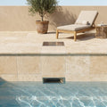 Ivory Cordoba Cream Travertine Tumbled 12 x 12 x 2 Bullnose Coping 12x12 pool coping — Swimming Pool remodel pool edge
