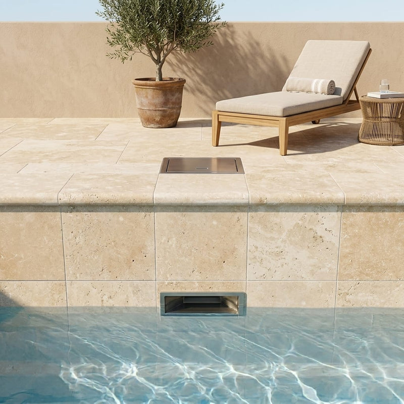 Ivory Cordoba Cream Travertine Tumbled 12 x 12 x 2 Bullnose Coping 12x12 pool coping — Swimming Pool remodel pool edge