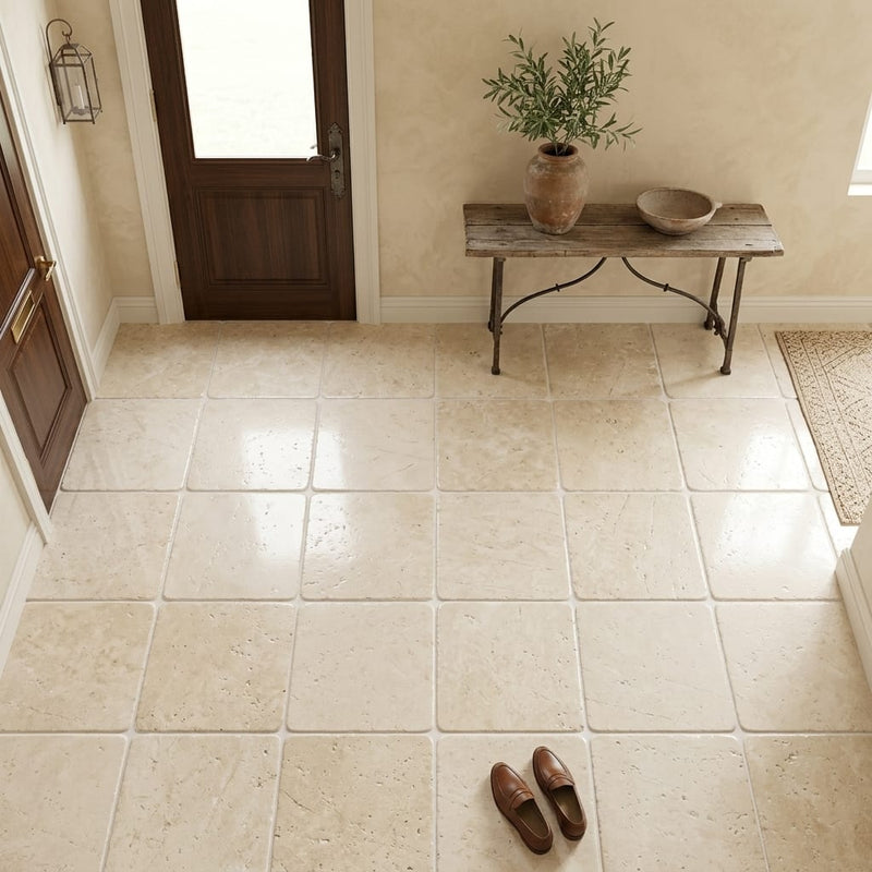 Ivory Cordoba Cream Travertine Tumbled 12 x 12 x 3/8 Cross Cut Tile 12x12 — Foyer floor