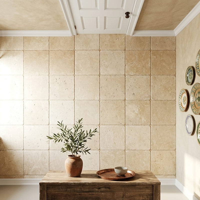 Ivory Cordoba Cream Travertine Tumbled 12 x 12 x 3/8 Cross Cut Tile 12x12 — Hallway floor