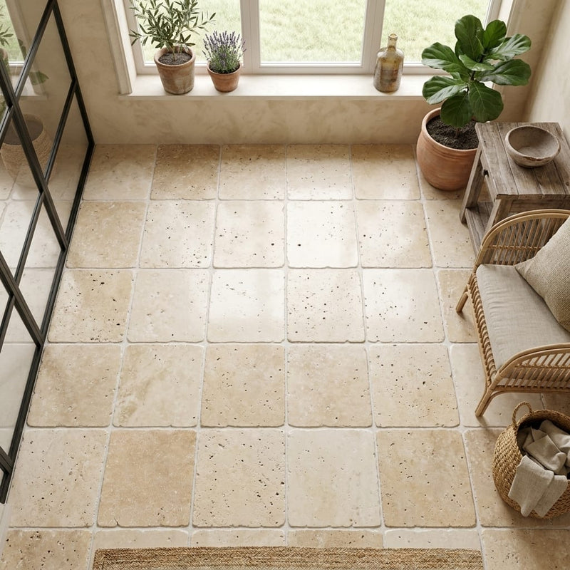 Ivory Cordoba Cream Travertine Tumbled 12 x 12 x 3/8 Cross Cut Tile 12x12 — Sunroom floor
