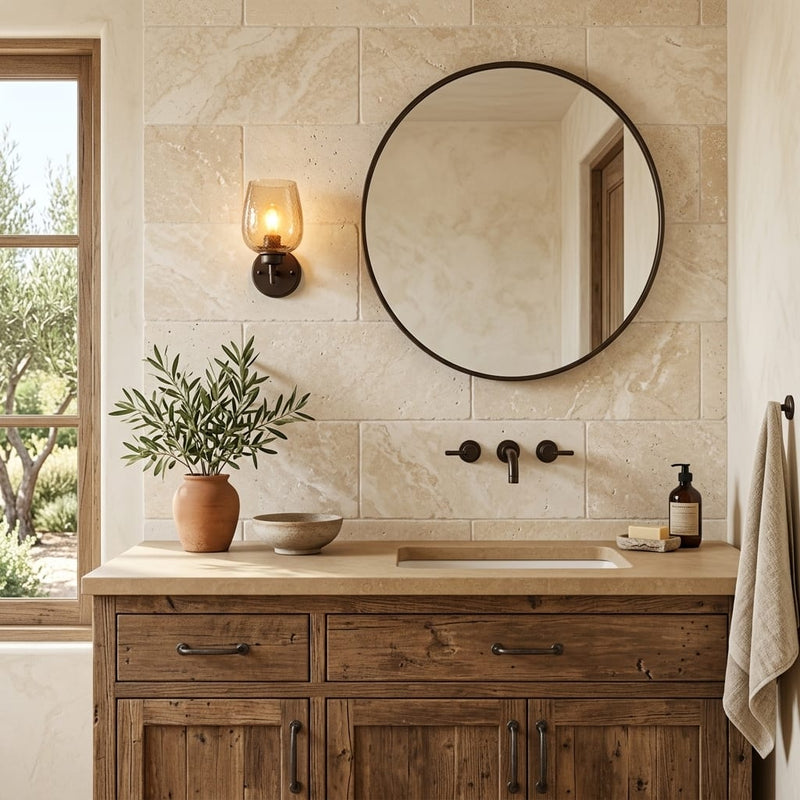 Ivory Cordoba Cream Travertine Tumbled 12 x 24 x 1/2 Cross Cut Tile 12x24 — Bathroom vanity wall