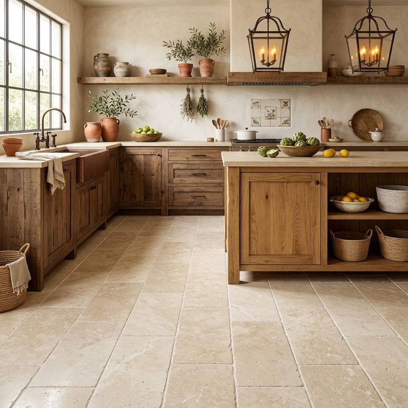 Ivory Cordoba Cream Travertine Tumbled 12 x 24 x 1/2 Cross Cut Tile 12x24 — Kitchen floor